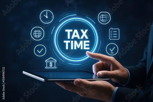 Businessman uses tablet with glowing tax time interface and financial icons for digital tax preparation and accounting services