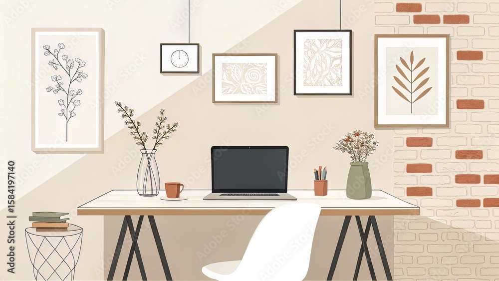 Fototapeta premium Neutral-Toned Desk with Laptop and Simple Vases in Home Office