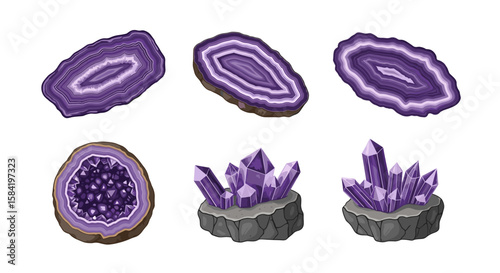 Illustration showing a collection of purple geodes and amethyst crystals on a white background image here