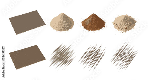 Arrangement of cosmetic powders and swatch strokes in varying shades on a white background view from above