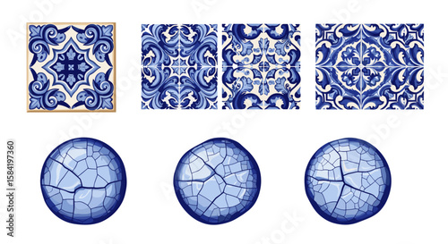 Collection of blue and white patterned tiles and cracked egg shapes on a white background surface
