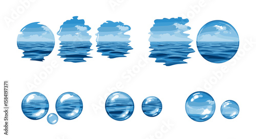 Artistic rendering of water droplets and water scene reflections on a white background surface view