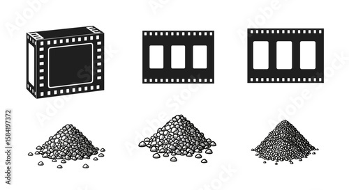 Illustration featuring film canisters, film strips, and piles of small stones in a monochrome style