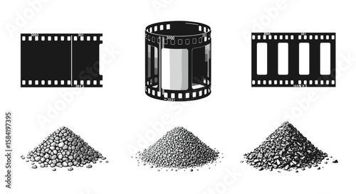 Illustration of film strips and canisters above piles of pebbles and crushed rocks in grayscale