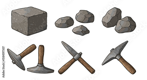 Illustration of stone cube, loose rocks, and various stone working tools on a white background space