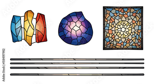 Illustration of three stained glass designs and four decorative lines on a white background