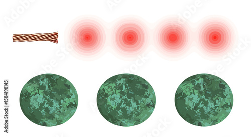 Copper wire above green ovals with red light emitting from above in a horizontal arrangement image