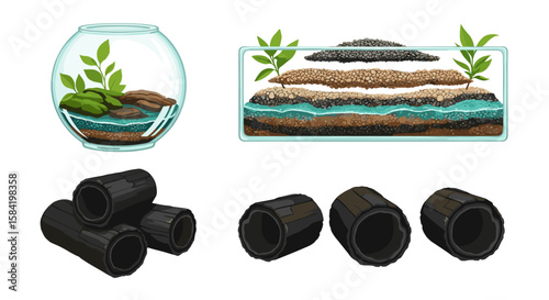 Illustration showing terrarium containers with plants and soil layers and black cylindrical objects
