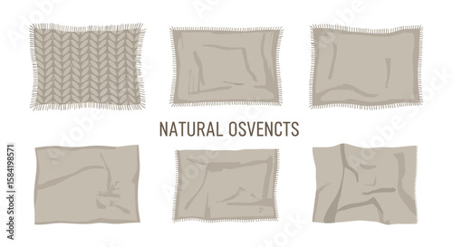 Illustration of six beige square fabrics with fringe, including a knitted pattern and draped textures 100 chr