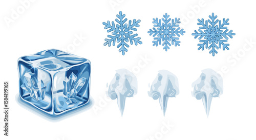 Illustration of a single ice cube with crystals, three snowflakes, and three icicles on white background
