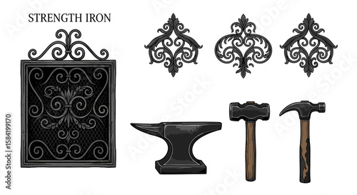 Illustration showing a blacksmith's tools including an anvil and hammers with ironwork designs 100