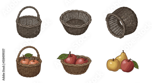 Collection of woven baskets shown empty and filled with apples and pears on a white background