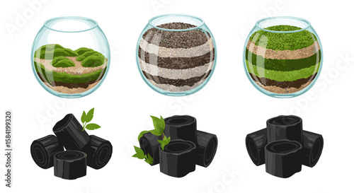 Three terrariums with layered soil and moss and three piles of charcoal with green leaves around them