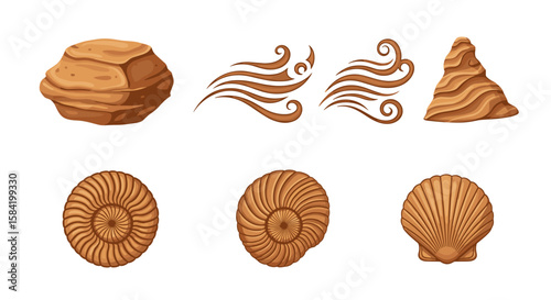 Collection of rock formation drawings including stone waves and seashells on a white background
