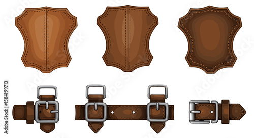 Collection of three leather armor pieces and three leather straps with metal buckles displayed