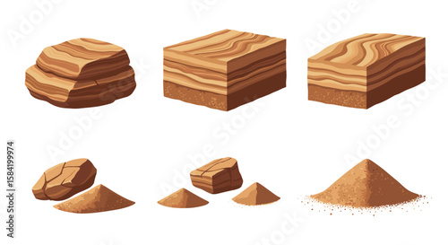 Isometric illustration showcasing various rock formations and sand piles on a white background