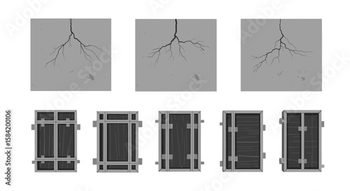 Illustration depicting cracked walls above and various container structures below in neutral tones
