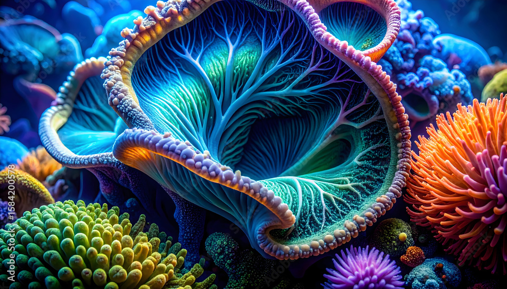 Obraz premium Vibrant Underwater Coral Reef Scene with Colorful Polyps