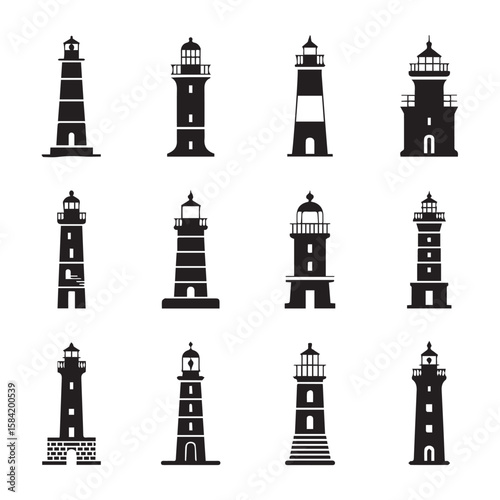 Vector art of a set of lighthouse silhouettes isolated on white background guides ships safely to shore