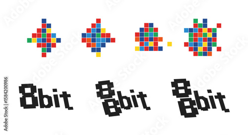 Pixelated designs with colorful blocks and the words eight bit in a retro style graphic layout
