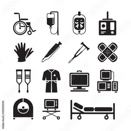 Vector art of a set of medical and hospital related icons isolated on white background