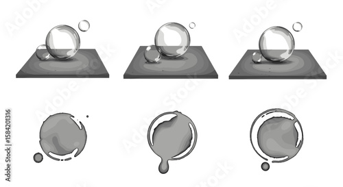 Illustration showing water droplets on a surface and falling droplets in different configurations