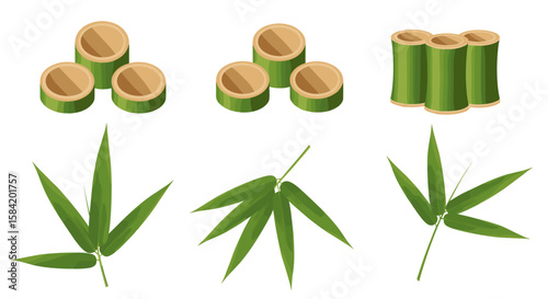 Bamboo pieces and green leaves for eco-friendly, nature, or Asian-inspired designs
