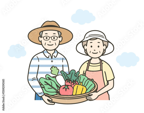 家庭菜園で収穫した野菜を持っている高齢者夫婦の上半身イラスト
