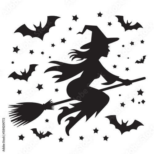 Vector art of a silhouette of a witch flying on a broomstick with bats and stars, isolated on white background