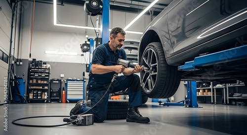 A mechanic efficiently changing a tire in a well-lit garage during the day.

