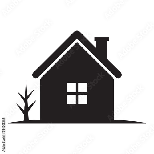 Vector art of a simple black and white house icon with a small tree