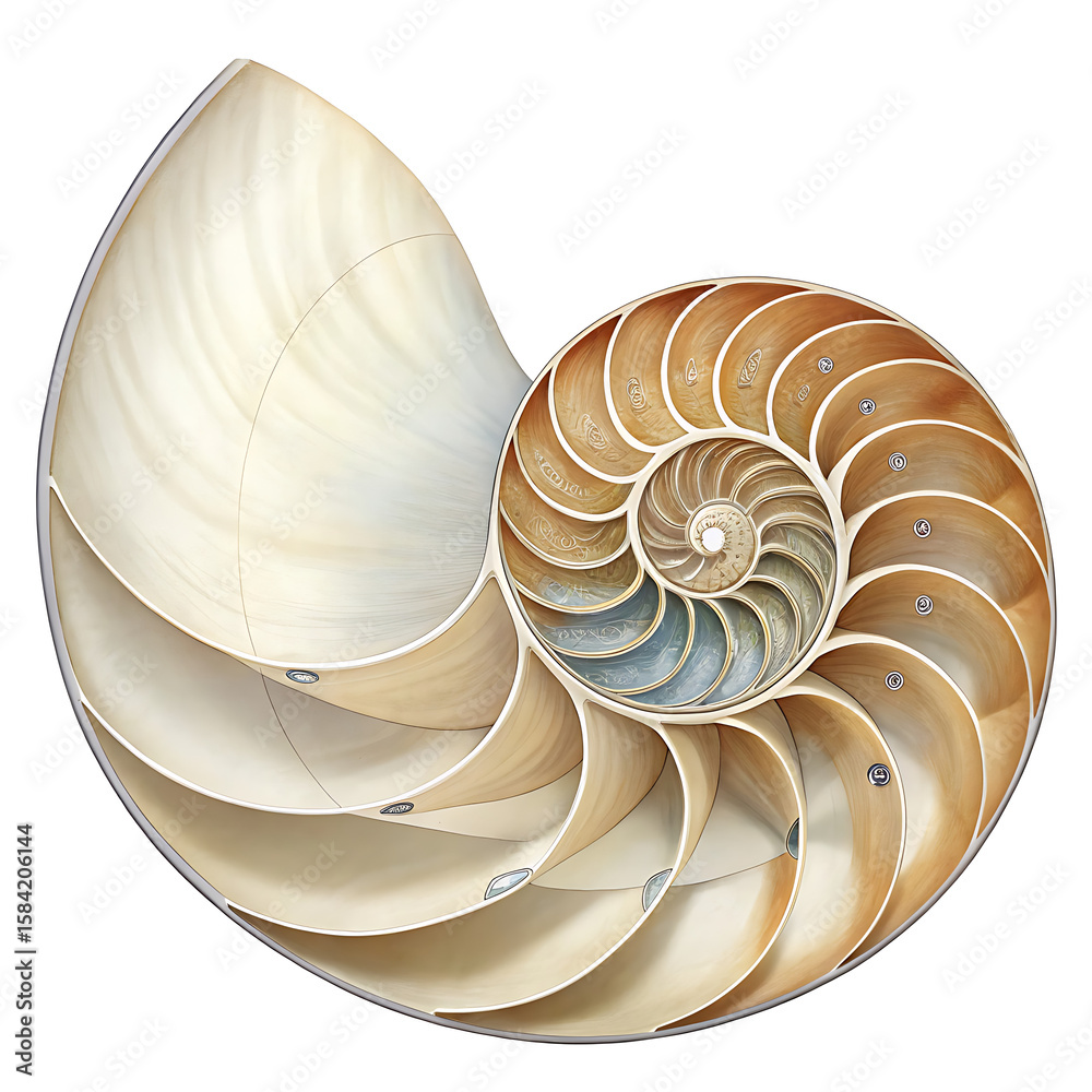 Obraz premium Nautilus Shell, Nature's Design, Abstract Art, Marine Environment, Close-Up View, Fibonacci Concept