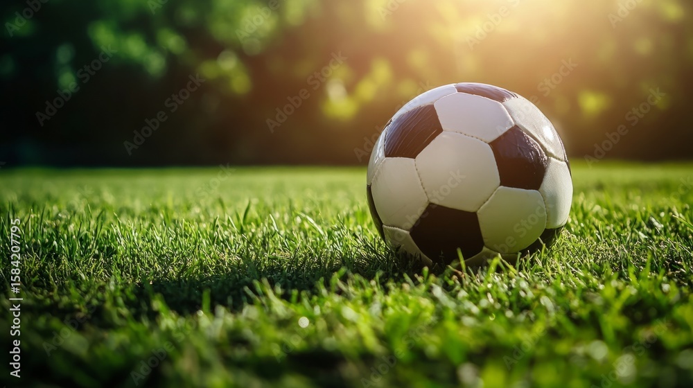 Fototapeta premium soccer ball on a grass field, dramatic lighting, generative ai
