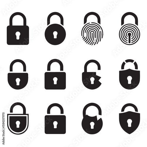 Vector art of a variety of lock icons representing security and protection isolated on white background