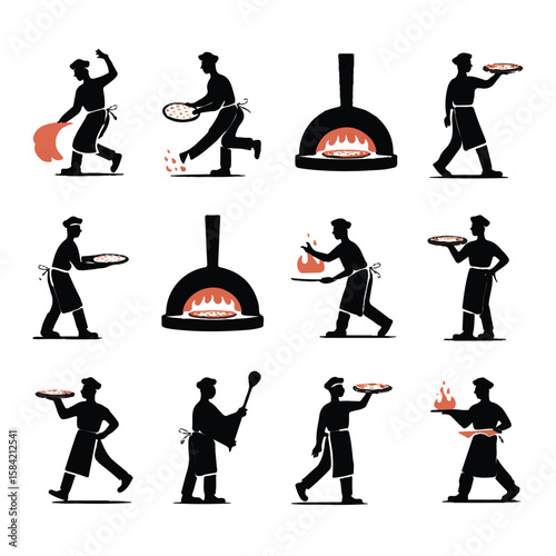 Vector art of silhouetted chefs preparing and serving pizza in a traditional oven isolated on white background