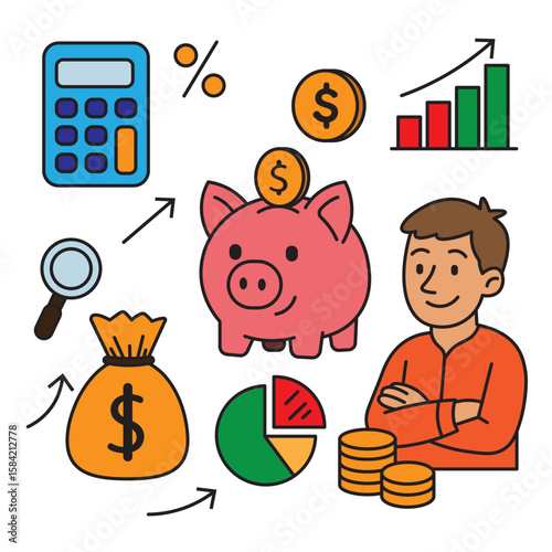 Colorful illustration of a child learning finance with piggy bank, calculator, money bag, and charts. Represents financial literacy, saving money, and basic economic education for kids.