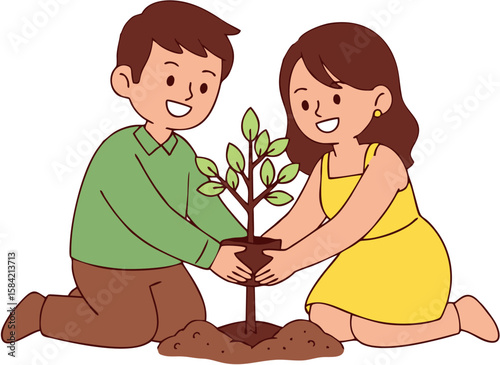 Smiling couple planting a young tree together in soil, illustrating environmental care and teamwork.