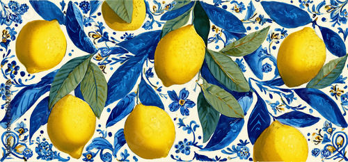 Vibrant yellow lemons and blue leaves creating a lively citrus pattern