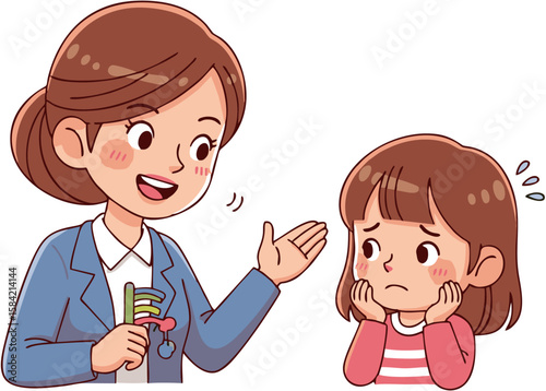 A concerned young girl listens attentively as a caring woman explains something, possibly a health professional.