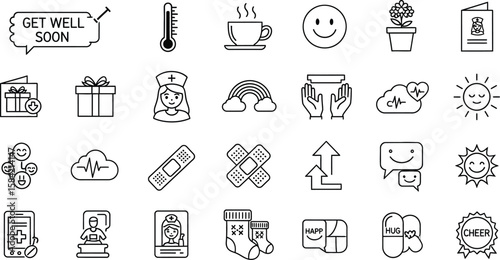 Vector art of a set of line icons representing get well soon wishes and healthcare elements, including bandages, a thermometer, a rainbow, and a smiling face, isolated on white background