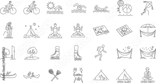 Vector art of a collection of outline icons depicting various outdoor activities and recreational pursuits, including cycling, swimming, camping, and yoga, isolated on white background