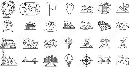 Vector art of a diverse collection of travel icons featuring world landmarks, natural landscapes, and modes of transportation, isolated on white background