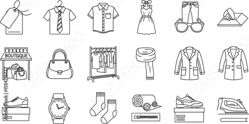 Vector art of an assortment of clothing items and accessories, including shirts, dresses, shoes, and watches, presented as minimalist line art