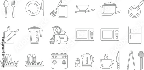 Vector art of an array of kitchen utensils and appliances, such as pots, pans, microwaves, and cutlery, illustrated in a minimalist line drawing style