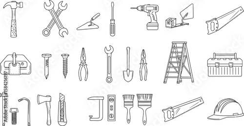 Vector art of a collection of essential construction tools are neatly arranged, showcasing the variety needed for building and repair work, isolated on white background