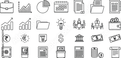 Vector art of a diverse array of financial icons are presented, illustrating various aspects of business, investment, banking, and economic activity, isolated on white background