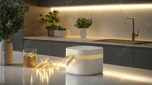 White gift box on a kitchen counter, lit by fairy lights