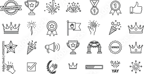 Vector art of a set of achievement icons, including trophies, medals, and crowns, isolated on white background