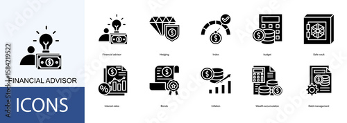 financial advisor icon collection set. Containing  Hedging, Index, budget, Safe vault, Interest rates, Bonds, Inflation icon