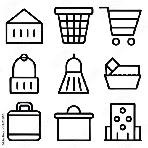 Building shopping cart trash can broom bucket house